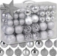 BOMBKI CHOINKOWE na CHOINKĘ ZESTAW XXL SREBRNE 100 szt 6/ 4/ 3 cm + GWIAZDA