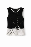 Biało czarna ażurowa bluzka Lady Mei M szydełkowa pleciona vintage boho