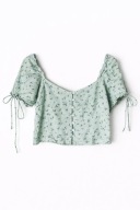 Jasnozielona bluzka crop top Motel S kwiaty bufki guziki wiązania pastel