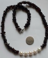 Retro*elegancki naszyjnik z naturalnego granatu i pereł .srebro 925