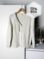 Kremowy sweter kardigan vintage z kwiatkami na guziki wełniany XL / L