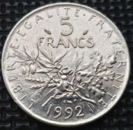 *FRANCJA [0100] *5 Franków 1992 signatura O.Roty: Siewca, Gałąź oliwna