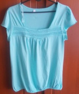 Bluzka bawełniana miętowa duży dekolt karo ażurowa aplikacja 40/42