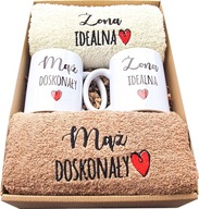 PREZENT ŚLUBNY KOMPLET RĘCZNIKÓW 100x50 + KUBKI ZESTAW MĄŻ I ŻONA ROCZNICA