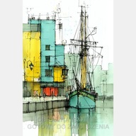 Statek akwarela szkic niebieski żaglówka port obraz na płótnie 55x80 art