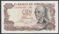 Hiszpania 100 peset 1970 - 1A - de Falla - stan bankowy UNC