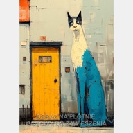 Kot i dom, obraz na płótnie 70x50 ilustracja fantasy miasto drzwi niebieski