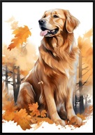 A2 59,4x42 PLAKAT OBRAZ PIES GOLDEN RETRIEVER, JESIEŃ AKWARELA LIŚCIE