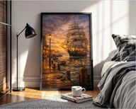 Plakat na ścianę A3 żaglowiec w porcie – zachód słońca | bez ramki