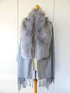 SZARY CIEPŁY SZAL Z FUTERKIEM I FRĘDZLAMI