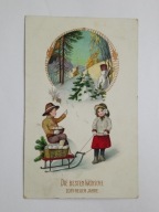 Szczęśliwego Nowego Roku - Dzieci na sankach, pejzaż zimowy, bałwan STARA