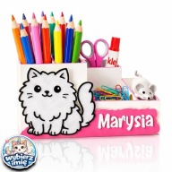 Organizer przybornik na biurko KOTEK "Puszek" WYBIERZ IMIĘ dla DZIEWCZYNKI