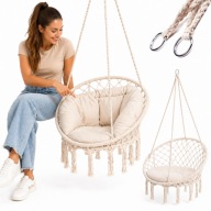 FOTEL WISZĄCY HUŚTAWKA FOTEL BOCIANIE GNIAZDO Z PODUSZKĄ ECRU 80 CM 150 KG