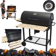 GRILL WĘGLOWY OGRODOWY Z POKRYWĄ STALOWY RUSZT 71x37cm POPIELNIK TERMOMETR