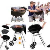 GRILL WĘGLOWY OGRODOWY Z POKRYWĄ DUŻY OKRĄGŁY POPIELNIK KÓŁKA PÓŁKA SOLIDNY