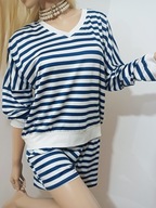 biało-granatowy komplet paski bluzka+spodenki RETRO BARDOT pin up L