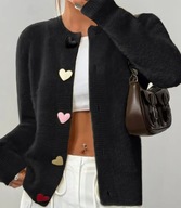Sweter sweterek damski rozpinany kardigan czarny guziki serca jesień HIT