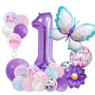 Balony ZESTAW Balonów Pierwsze Urodziny ROCZEK, 1 Urodziny Motyl - Fiolet