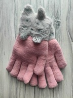 Rękawiczki różowe dziewczęce grube ocieplane w środku z kotkiem 8-12 lat