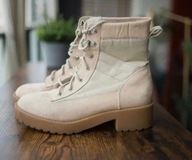 H & M botki platformy combat workery motocyklowe różowe biker pikowane ecru