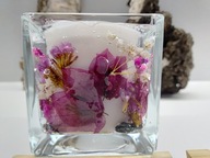 Piękna świeca w szkle różowe kwiaty Handmade na prezent