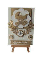 ZAPROSZENIA CHRZEST ŚWIĘTY WÓZEK W SERWETCE LIŚCIE C6 ZŁOTO - ECRI