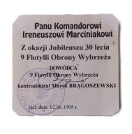 LEGITYMACJA MEDAL PAMIĄTKOWY 9 FLOTYLLA OBRONY WYBRZEŻA 1995 r.