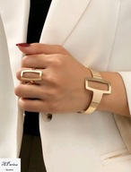 Bra0074 Bransoletka złocona sztywna geometryczna komplet z pierścionkiem
