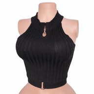 Bluzka crop top prążkowana z klamrami czarna dopasowana S/M