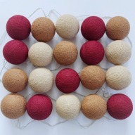 Cotton Balls Karmazyn Mocha JasnyBeż Girlanda Lampki Kule 20 LED Na Baterie