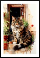 KOLOROWY PLAKAT A2 KOTY SIEDZĄCE POD DRZWAMI, CIEMNO BURY KOT WŚRÓD ROŚLIN