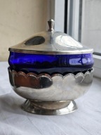 CUKIERNICA BOMBONIERA Z POKRYWKĄ NIKLOWANA SZKŁO KOBALTOWE LATA 60/70