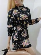 SISTERS point szyfonowa sukienka czarna w kolorowe róże vintage S