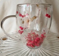 SZKLANY KUBEK TERMICZNY 3D SUSZONE KWIATY PODWÓJNE DNO KOLOROWY KWIATKI