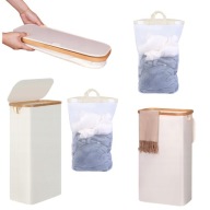 KOSZ NA PRANIE WĄSKI BAMBUSOWY SKŁADANY WYJMOWANA TORBA Z POKRYWĄ BEŻ 63L