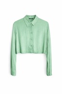Zielona satynowa krótka koszula Bershka wiskoza bluzka z szerokimi rękawami