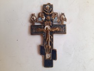 Mały krzyż prawosławny z Chrystusem i aniołkami, mosiężny malowany