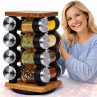 Pojemniki Na Przyprawy 16x Słoiczków Stojak Przyprawnik OBROTOWY Drewniany