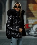 Kurtka puchowa pikowana damska z kapturem futerko czarna złota biała LUX