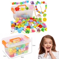 DREWNIANE KLOCKI KORALIKI DO NAWLEKANIA MONTESSORI 106 EL. TRENING RĄCZKI