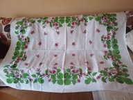 Śliczny lniany obrus z okresu PRL z motywem kwiatowym - 170cm x 130 cm