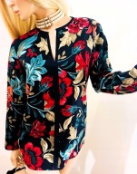 Z_A_R_A ciemno-niebieska bluzka kontrastowe kwiaty ornamenty vintage M