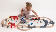 KOLEJKA DREWNIANA XXL 2 POCIĄGI TUNEL MOST ZWROTNICE DŹWIĘKI 91 EL