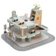 Garaż drewniany 3-poziomowy dla dzieci – stacja paliw, myjnia, helikopter