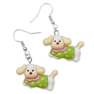 Kolczyki Beżowe JAMNIKI w Zielonych Sweterkach PIESKI Żywiczne Zabawny Psy