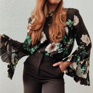 H & M bluzka kwiaty rozszerzane rękawy falbanki falbany prążkowana paski