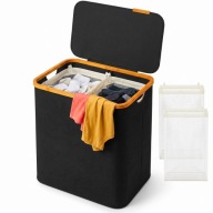 KOSZ NA PRANIE SONGMICS 130L 2 komory Oxford bambus pokrywa składany czarny