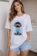 Koszulka damska oversize T-shirt biały z nadrukiem piesek Paris luźna modna