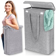 WĄSKI KOSZ NA PRANIE ZABAWKI POJEMNIK Z KLAPĄ UCHWYTEM SZARY 45L STUDENCKI