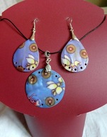 Niebieska masa perłowa w kwiaty, wisior i kolczyki, zestaw biżuterii